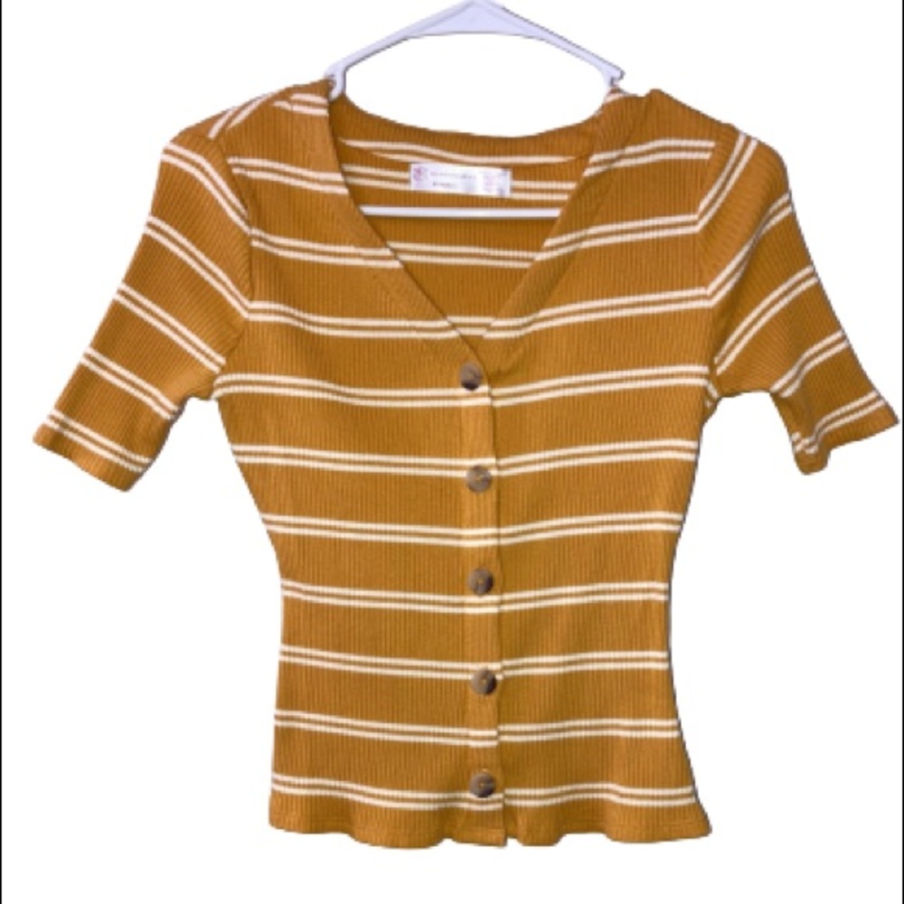 Women’s Button Up Short Sleeve Striped Shirt Yellow and White